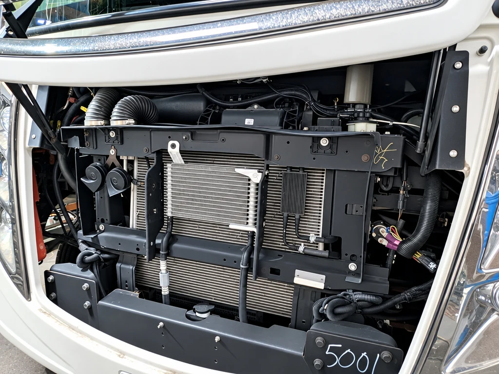 Motorhome radiator and front frame exposed during a front cap collision repair