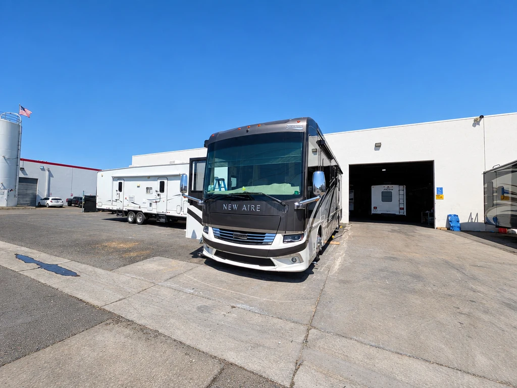 Class A motorhome pulling up to the shop door at El Toro RV Service