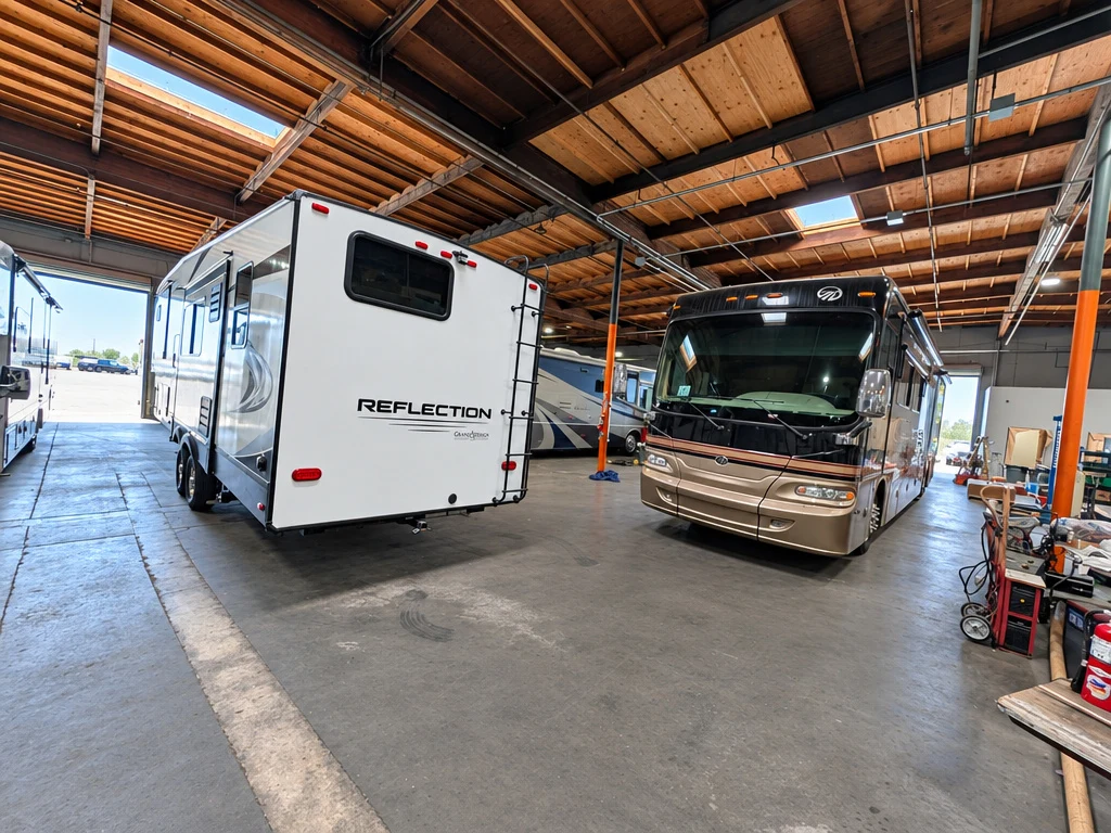 Grand Design Reflection travel trailer in the El Toro RV Service shop