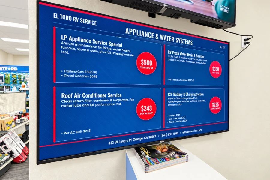 El Toro RV Service menu screen for LP appliance service, roof A/C, fresh water and 12V battery service