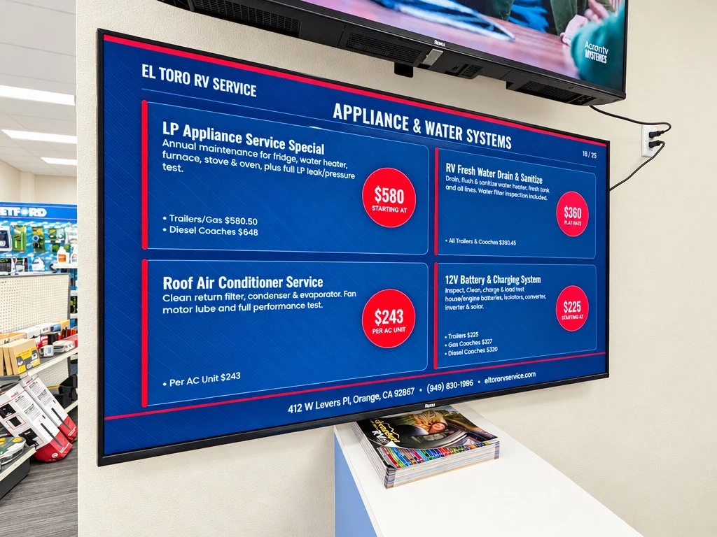 El Toro RV Service menu screen for LP appliance service, roof A/C, fresh water and 12V battery service