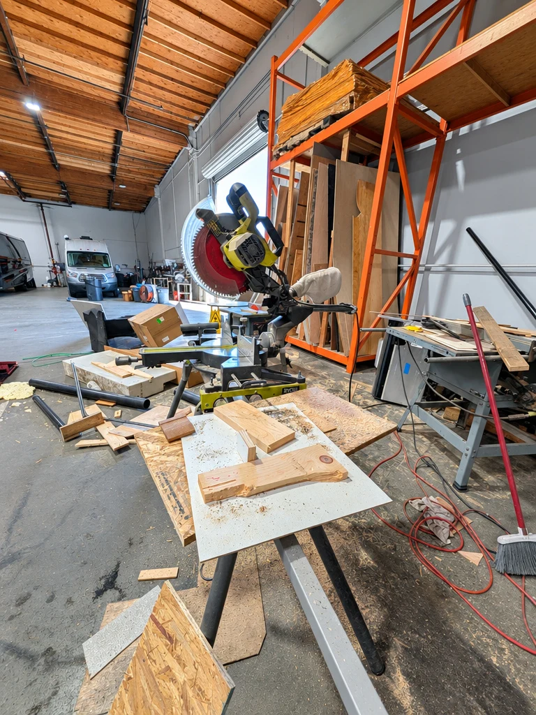 Miter saw and fabrication station for RV cabinetry and interior repairs