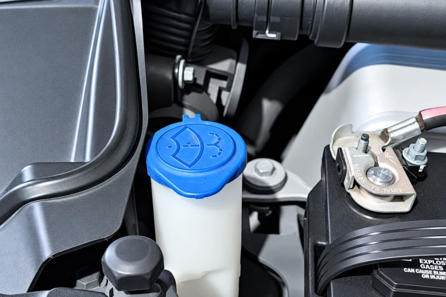 Close-up of a fluid reservoir checked during an RV service