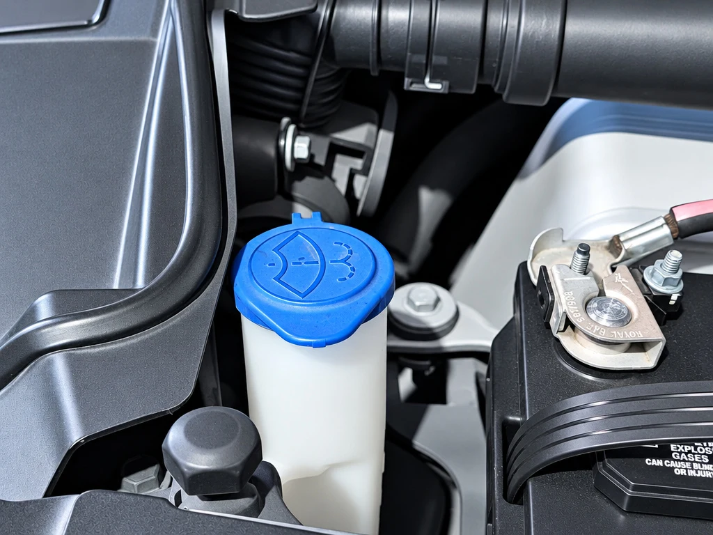 Close-up of a fluid reservoir checked during an RV service