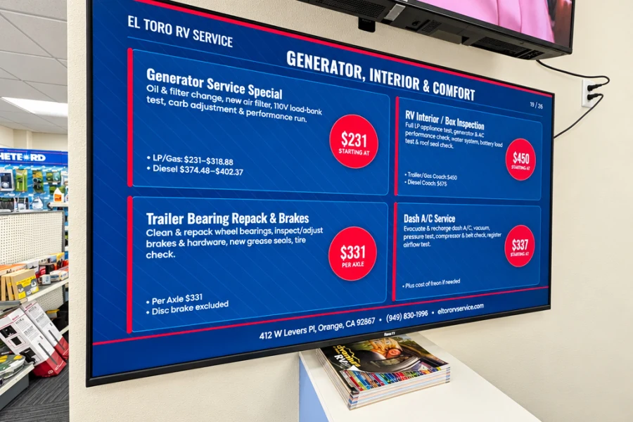 El Toro RV Service menu screen for generator service, trailer bearing repack, interior inspection and dash A/C