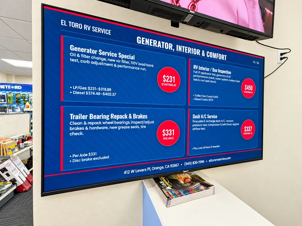 El Toro RV Service menu screen for generator service, trailer bearing repack, interior inspection and dash A/C