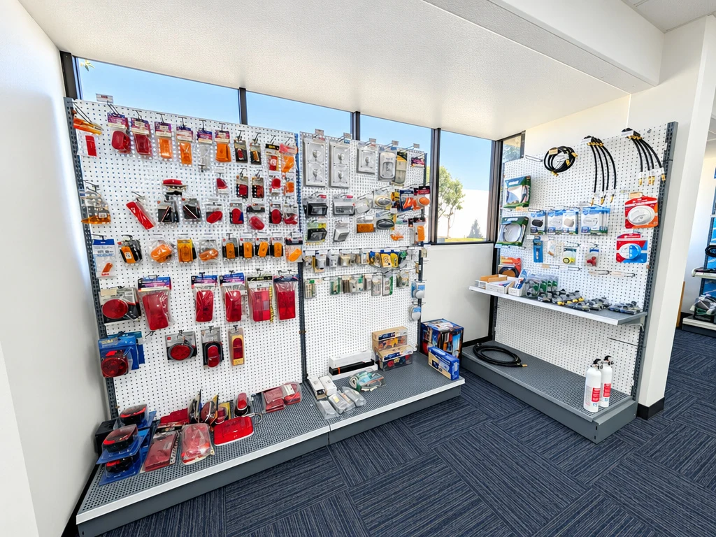 Display of RV lighting and electrical parts at El Toro RV Service