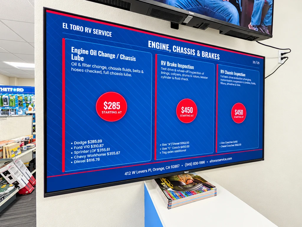 El Toro RV Service menu screen for RV oil change, chassis lube, brake and chassis inspections