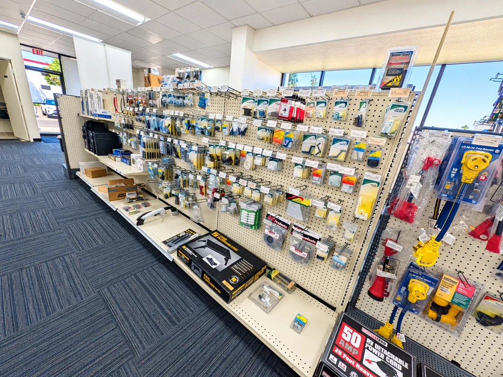 Wall of RV parts and accessories at El Toro RV Service in Orange County