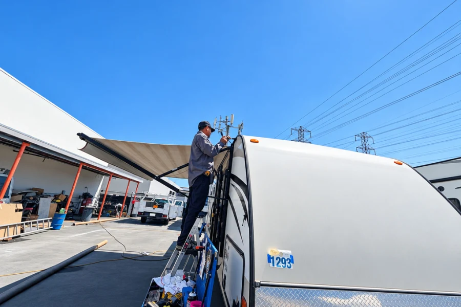 Technician on a ladder inspecting the roof edge of a travel trailer outdoors