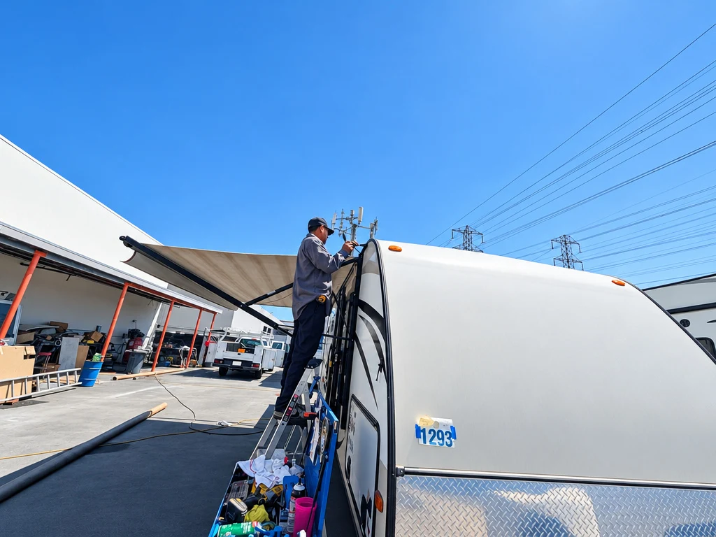 Technician on a ladder inspecting the roof edge of a travel trailer outdoors