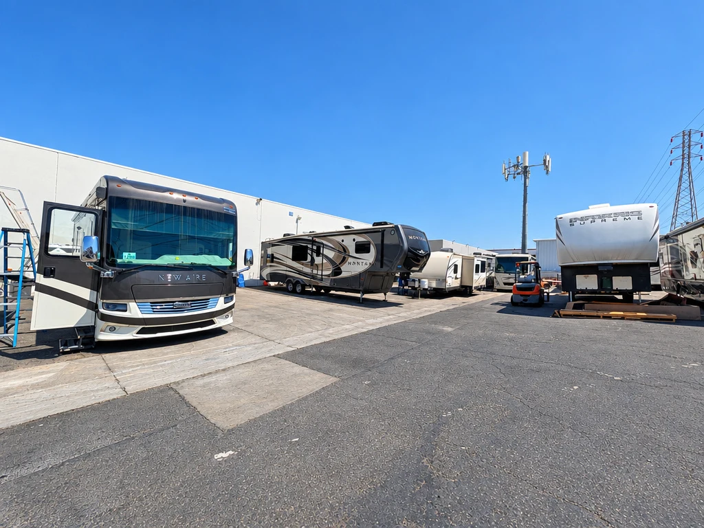 Motorhomes and fifth wheels in the El Toro RV Service lot in Orange, CA