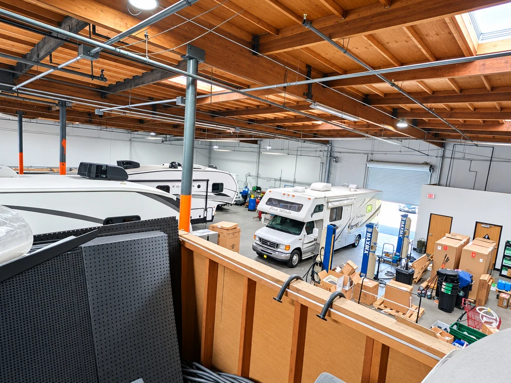 Overhead view of motorhomes and trailers in service at El Toro RV Service