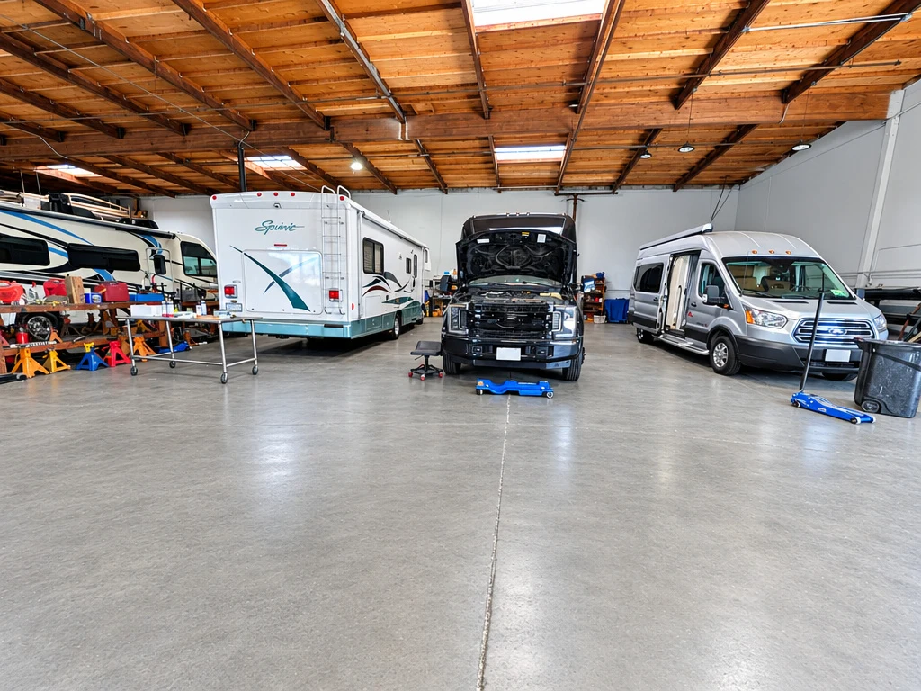Service bays with a pickup truck, a camper van and motorhomes at El Toro RV Service