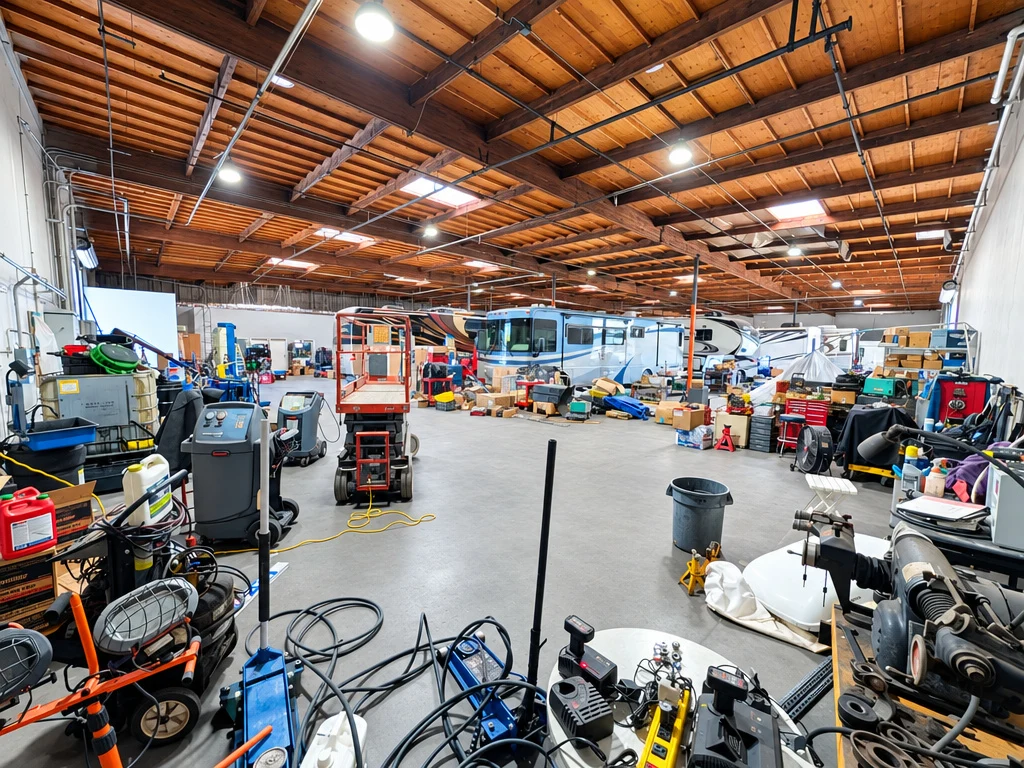 Workbench area with tools and an American flag in the El Toro RV Service shop