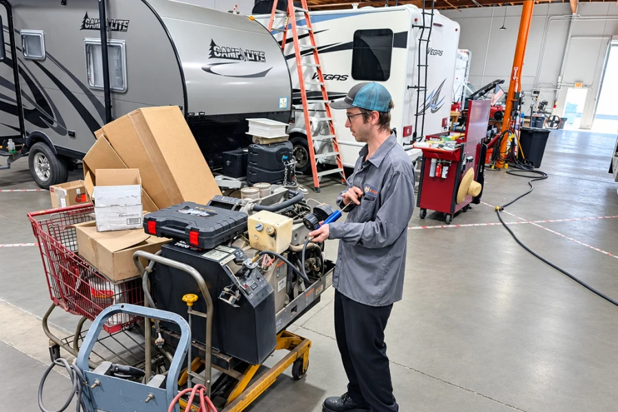 RV technician using a battery service cart beside a travel trailer