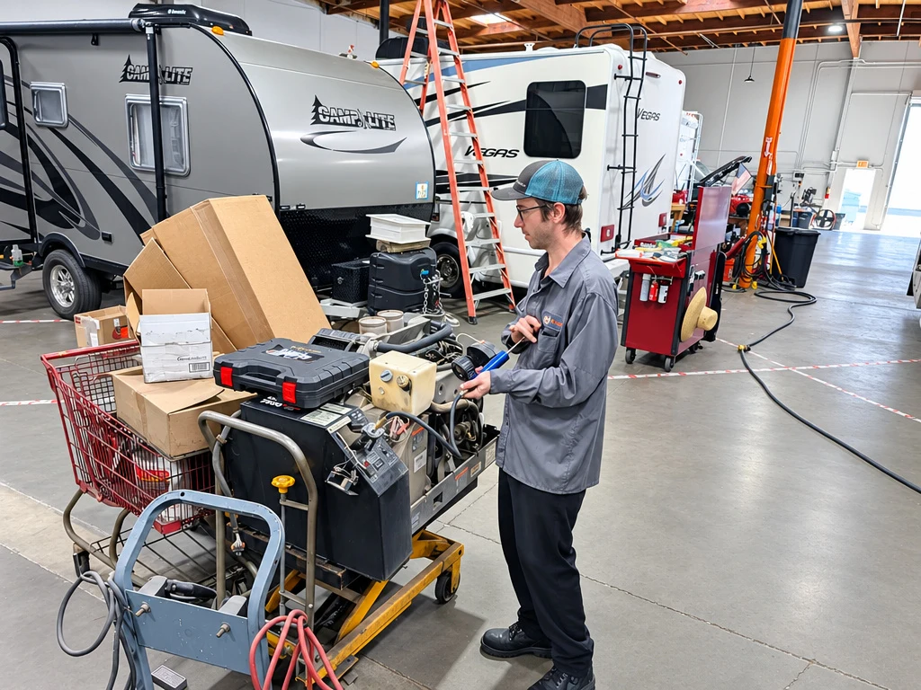 RV technician using a battery service cart beside a travel trailer