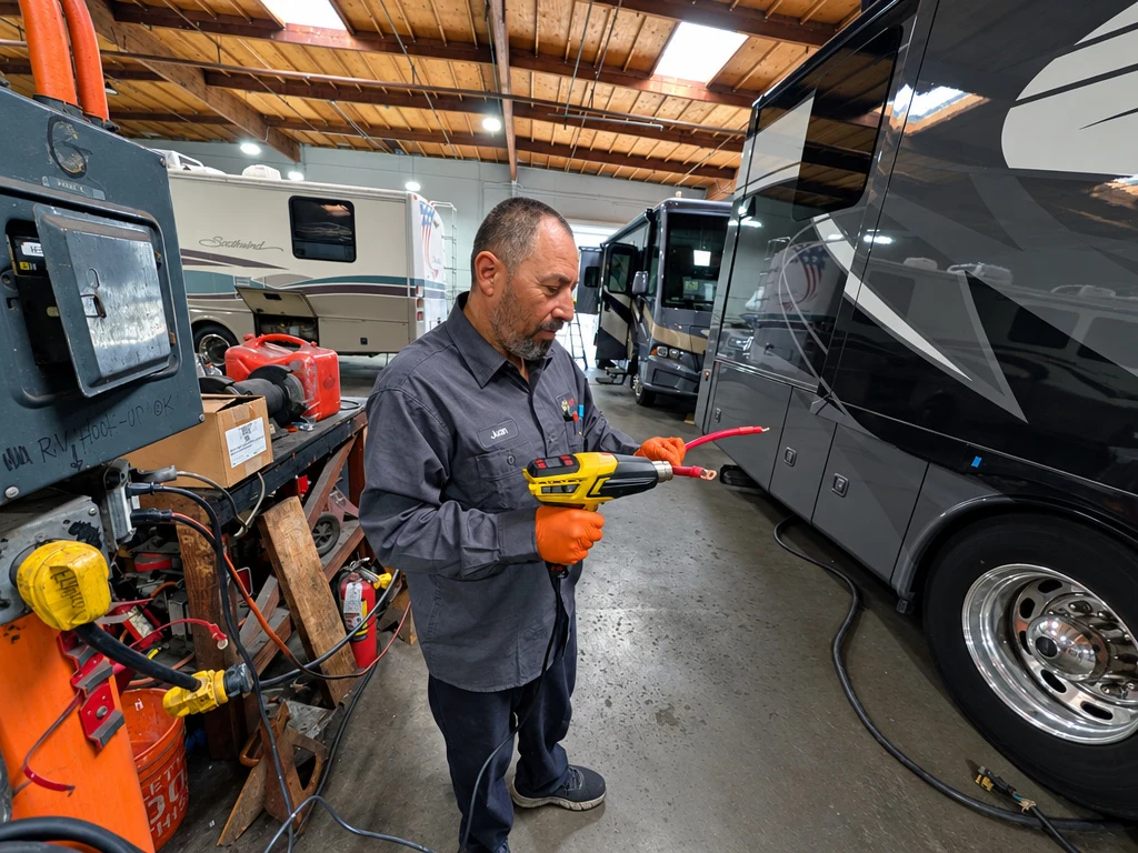 El Toro RV Service technician testing an RV electrical system with a meter