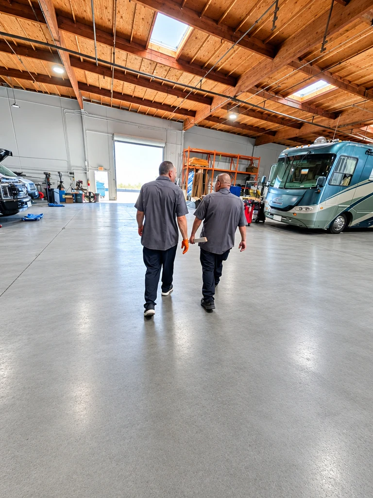 Two RV technicians walking through the El Toro RV Service shop floor