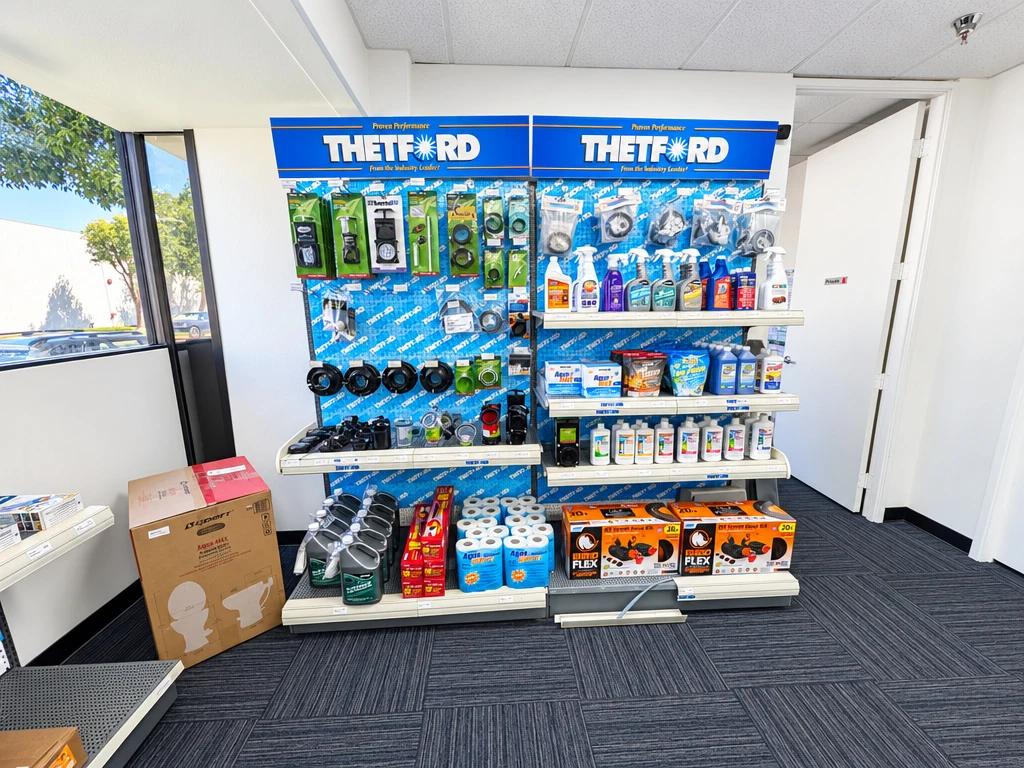 Display of RV toilet chemicals and holding tank treatments at El Toro RV Service