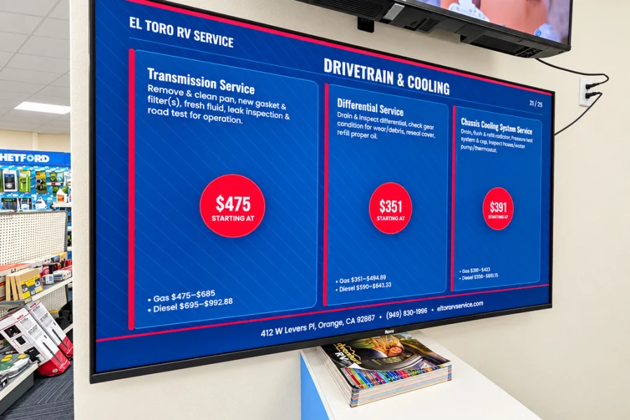 El Toro RV Service menu screen for transmission, differential and cooling system service