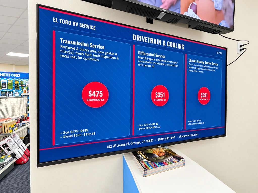 El Toro RV Service menu screen for transmission, differential and cooling system service