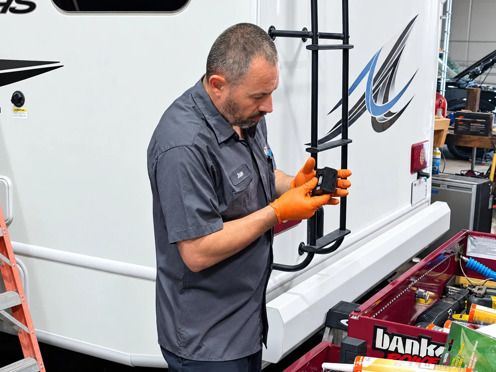 El Toro RV Service technician installing a rear ladder on a motorhome