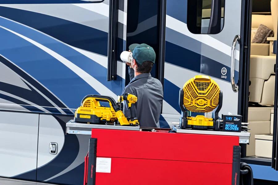 Technician working at the entry door of a blue-striped Class A motorhome