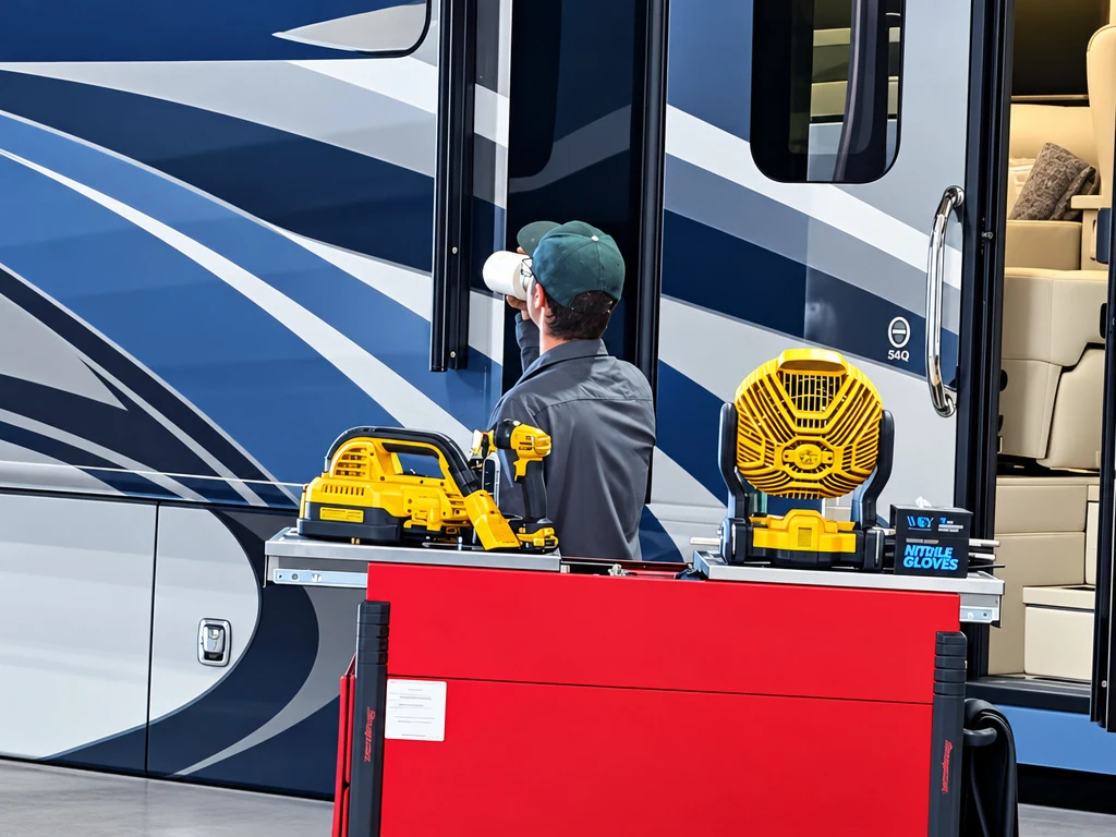 Technician working at the entry door of a blue-striped Class A motorhome