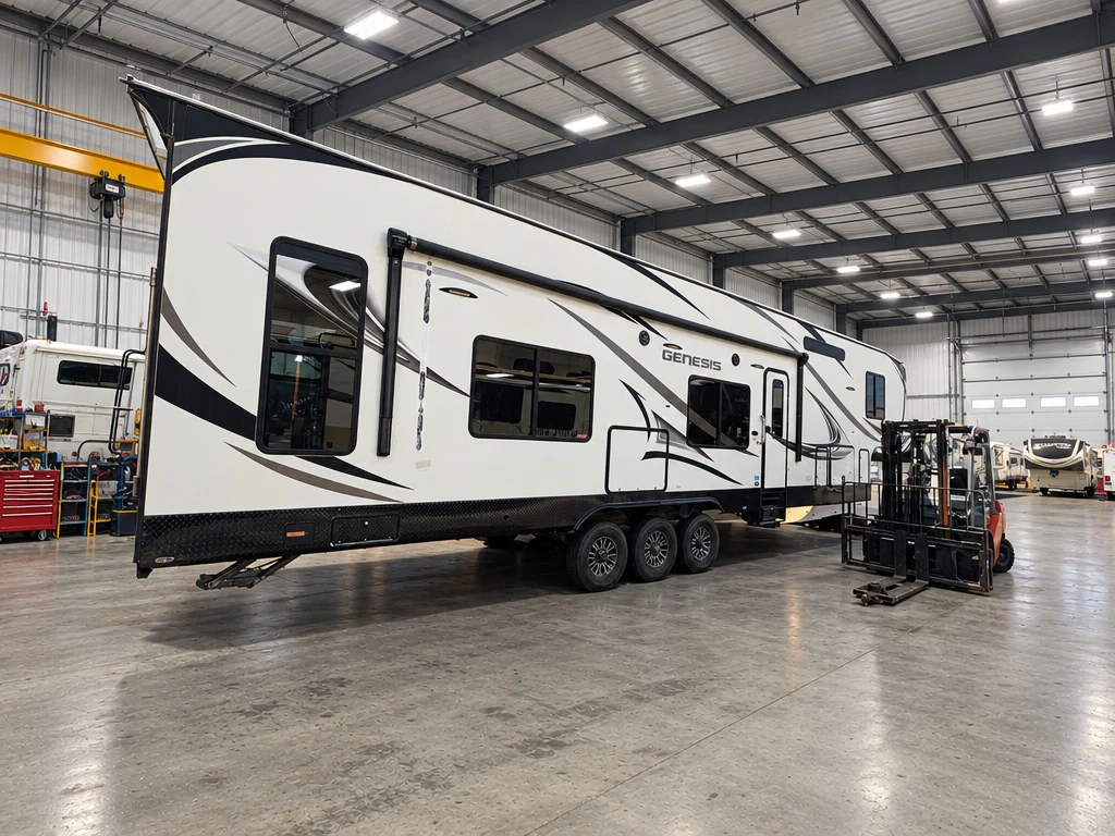 Toy hauler travel trailer moved into the El Toro RV Service bay with a forklift