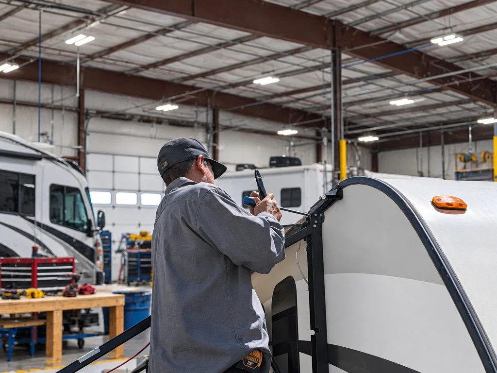 Technician sealing the front cap seam of a travel trailer at El Toro RV Service