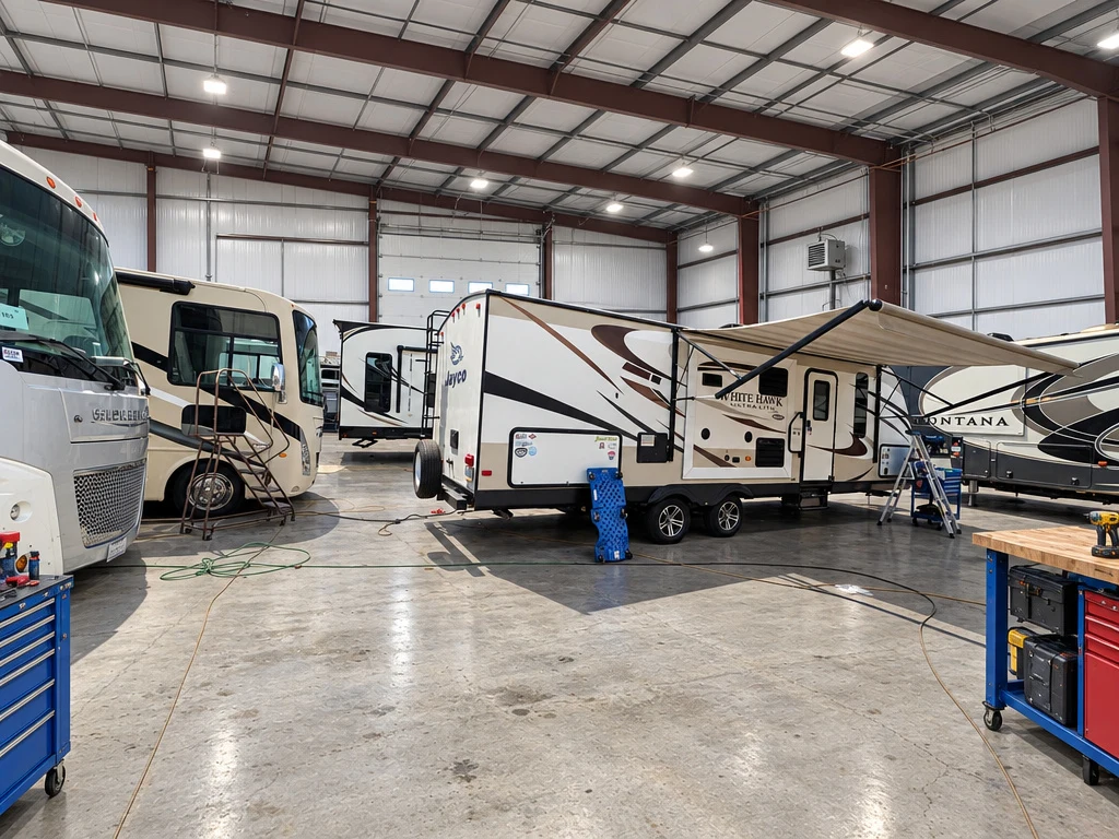 Travel trailer with the awning out for inspection in a bright service bay