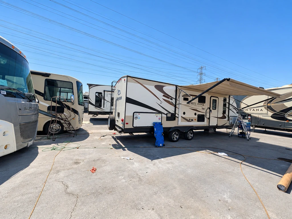 Travel trailer with its awning extended in the El Toro RV Service lot