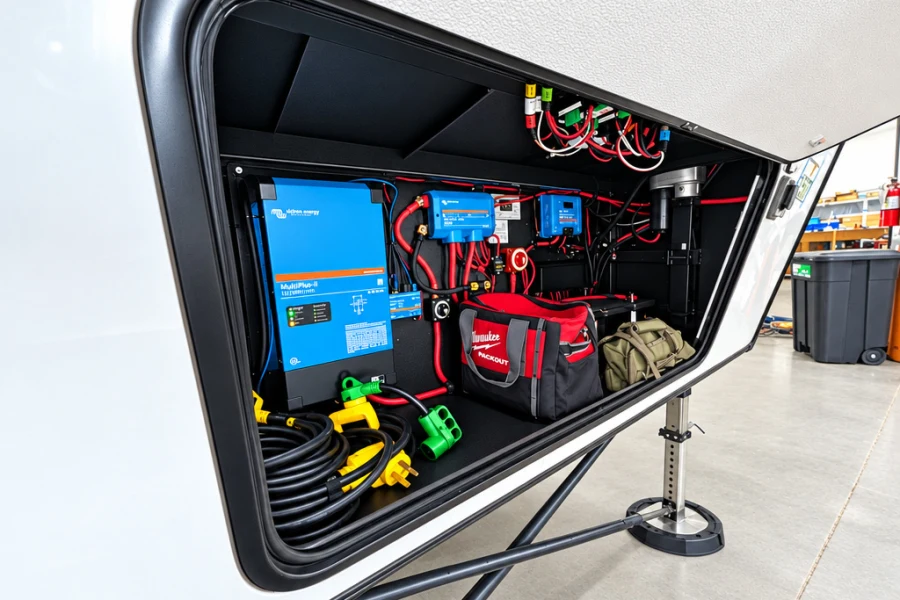 Victron inverter/charger and wiring installed in an RV compartment by El Toro RV Service