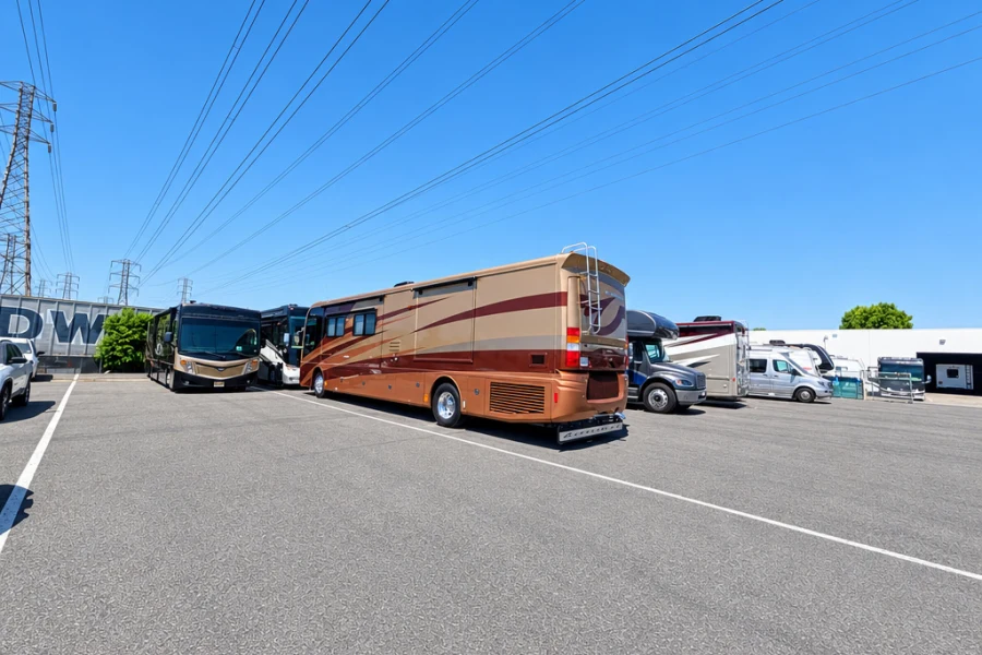 Copper-colored diesel pusher motorhome in the El Toro RV Service lot