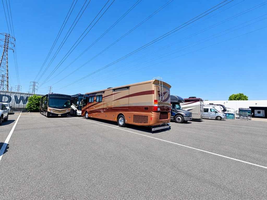 Copper-colored diesel pusher motorhome in the El Toro RV Service lot