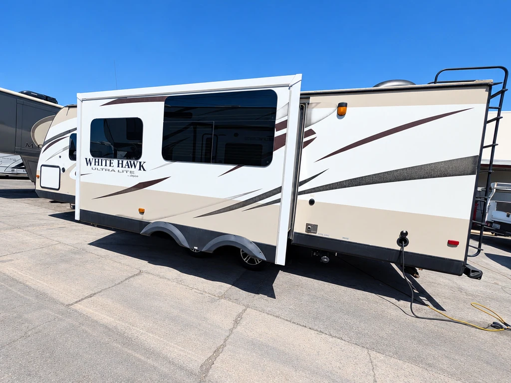 Jayco White Hawk travel trailer outside El Toro RV Service